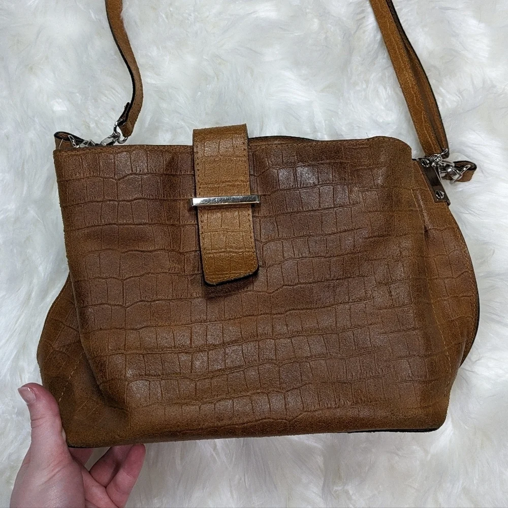 Chiara Ferretti Italian Leather Croc Embossed Cognac Brown Convertible‎ Bag